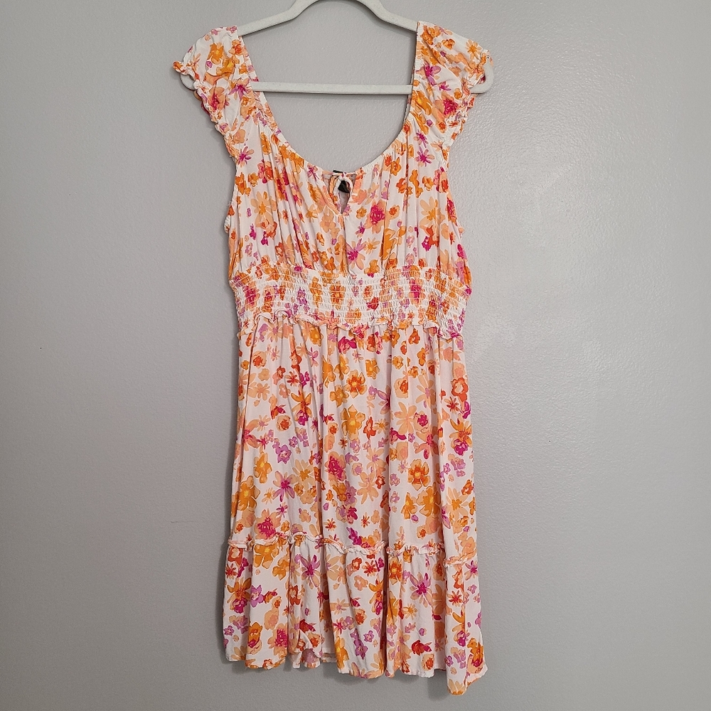Wild Fable White Orange Pink Floral Tiered Mini Dress with Elastic Waistband XL